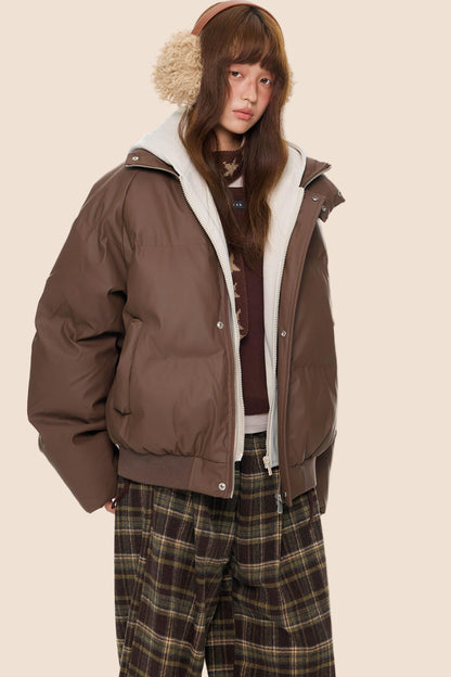 Color-Blocked Leather Hooded Jacket