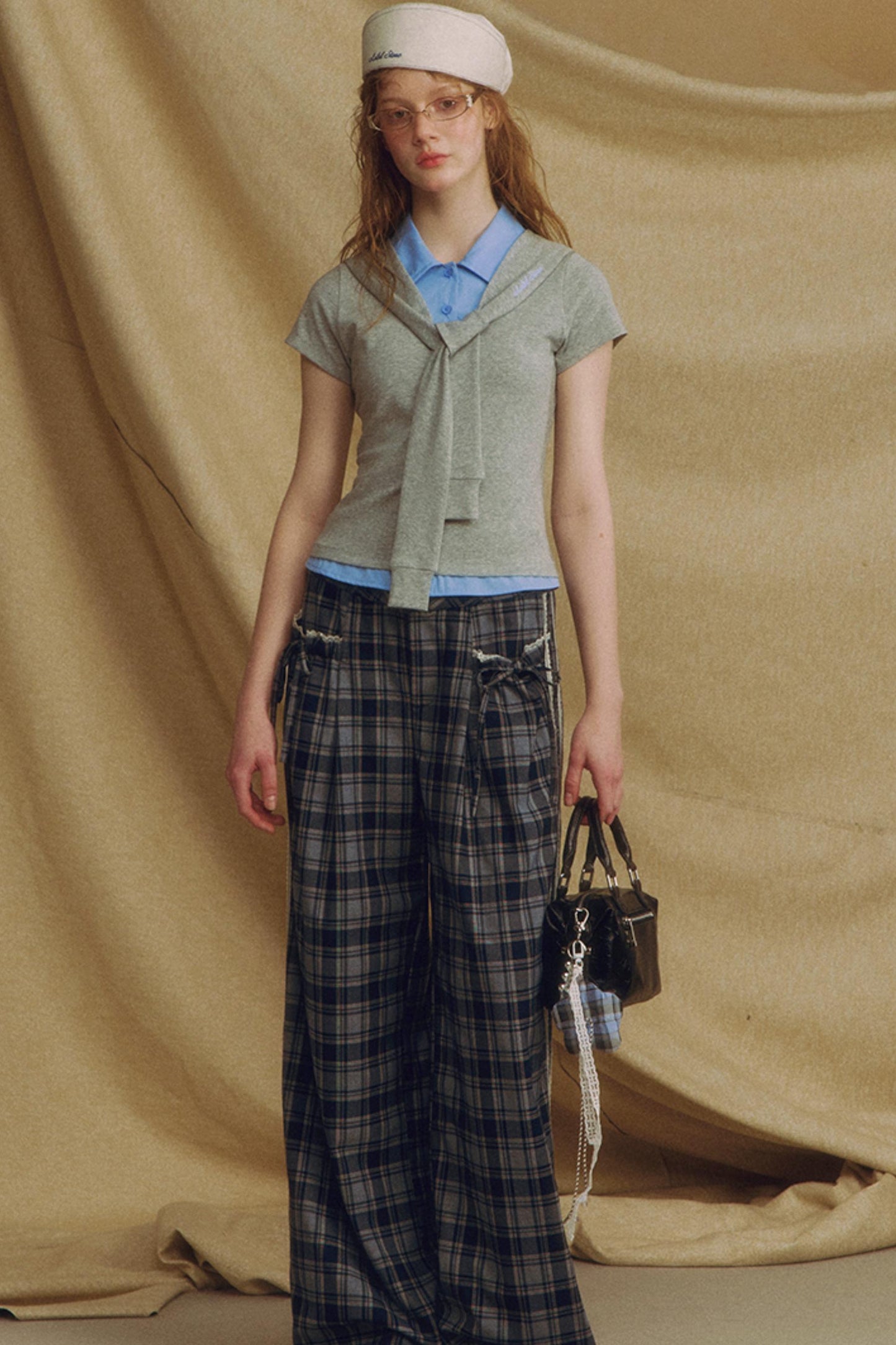 Chic Bow Tie Plaid Wide-Leg Trousers