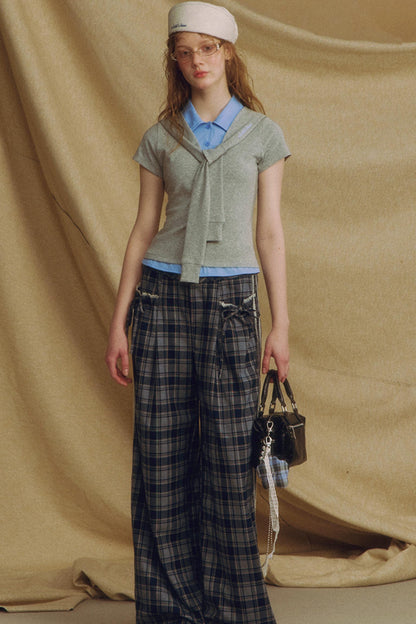 Chic Bow Tie Plaid Wide-Leg Trousers