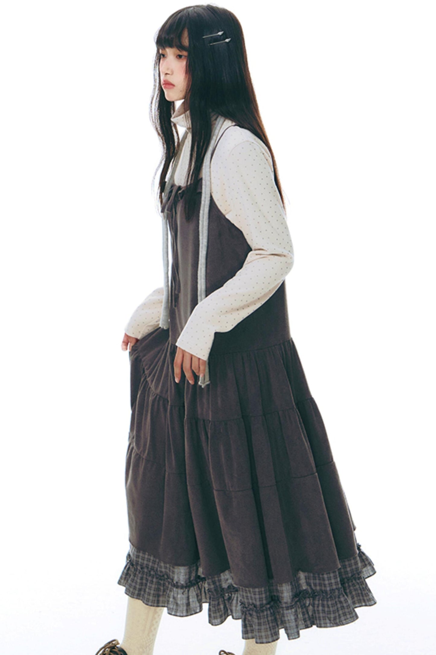 Patchwork Plaid Shirred Japanese Lace-Up Long Dress