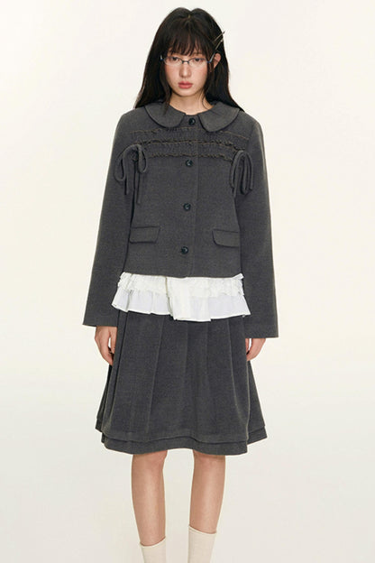 College Ruffle Woolen Suit Skirt Set-Up