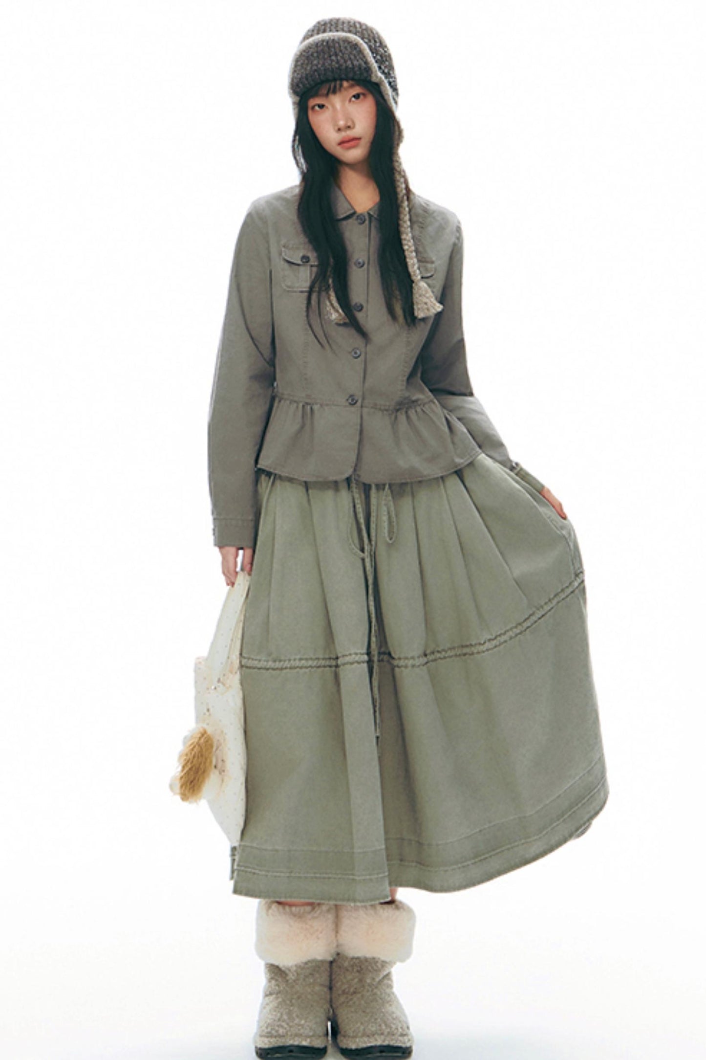 Distressed Doll Collar Cargo Coat