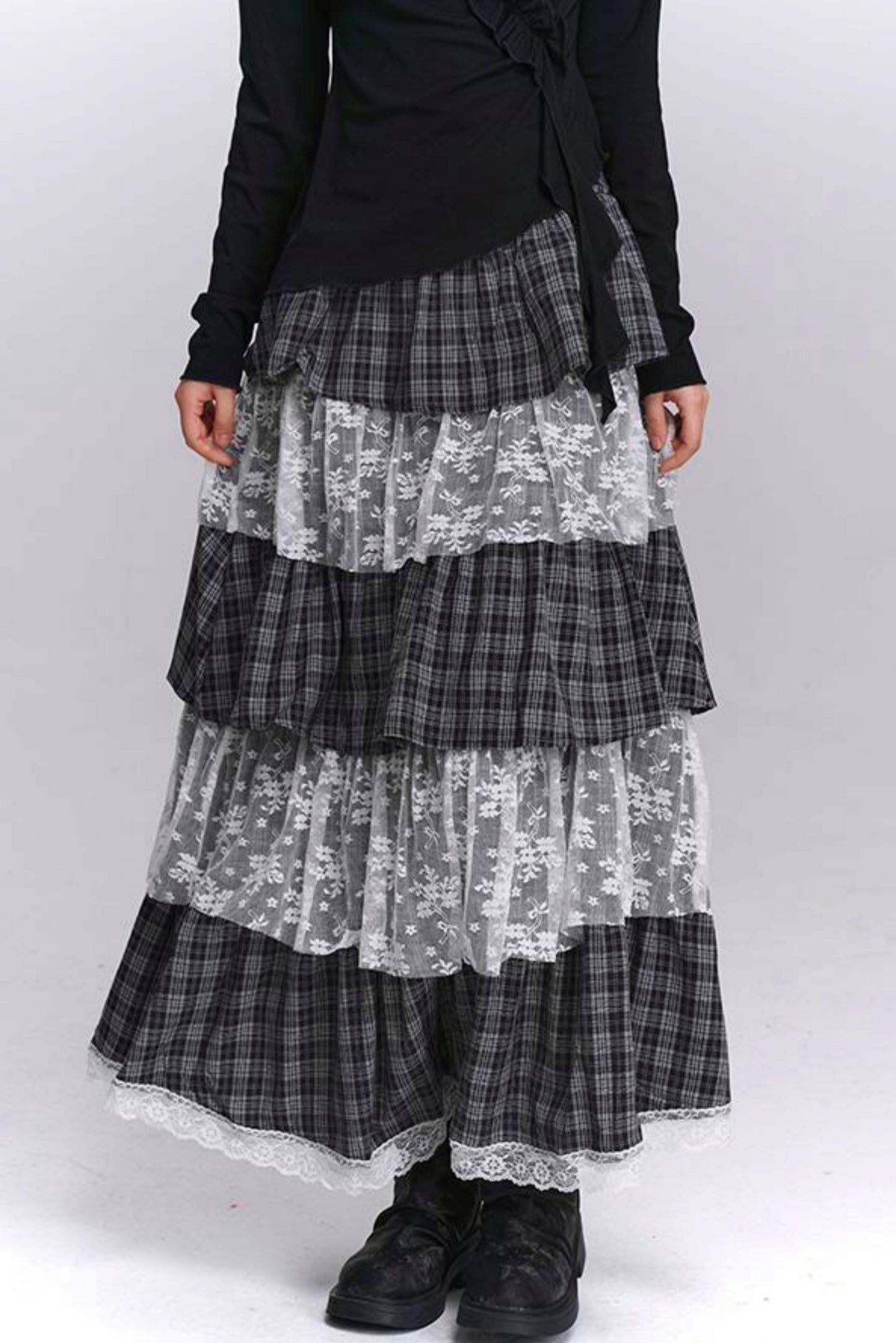 Plaid Tiered Long Skirt