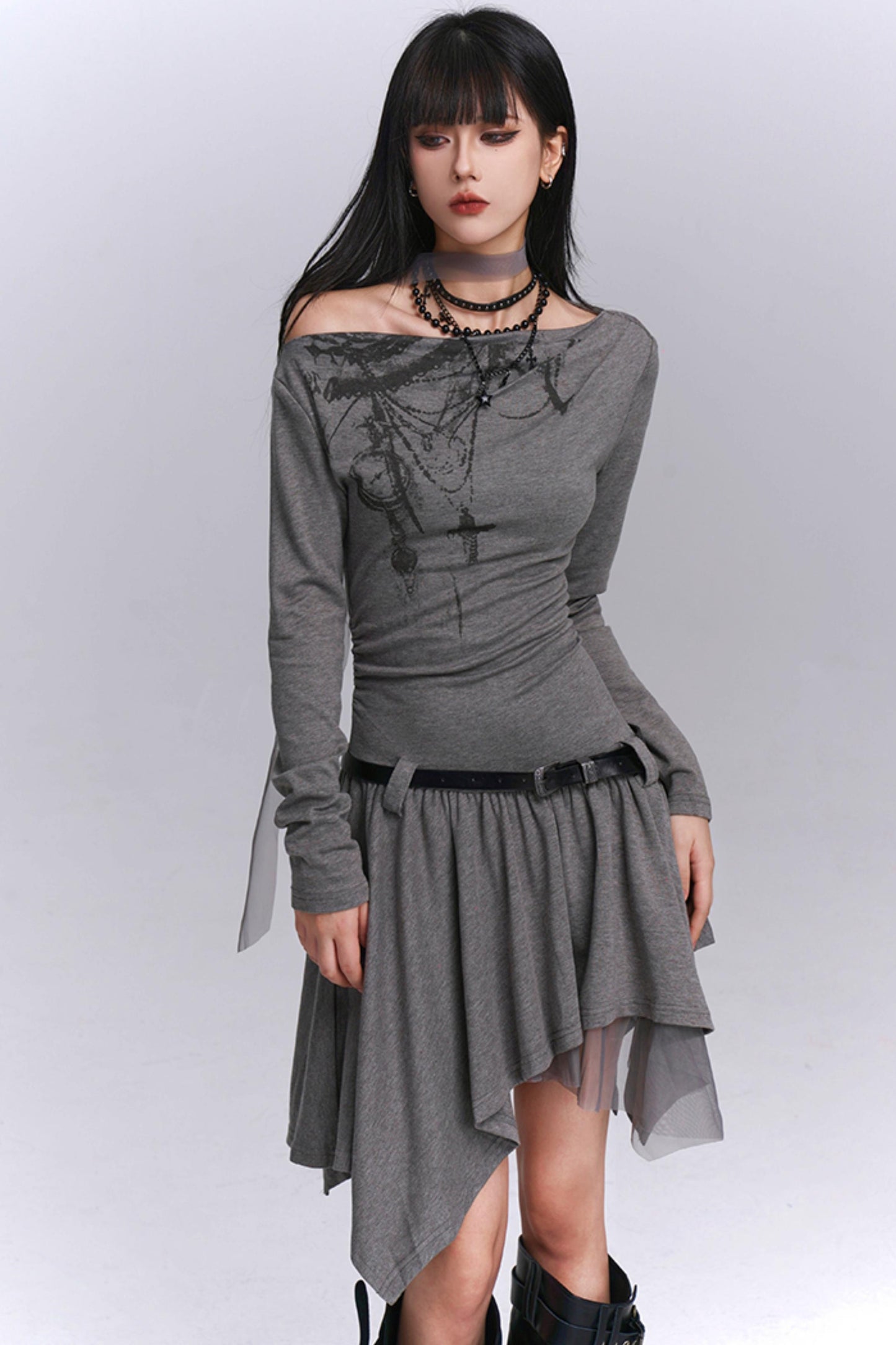 Gray Off-Shoulder Autumn Dress