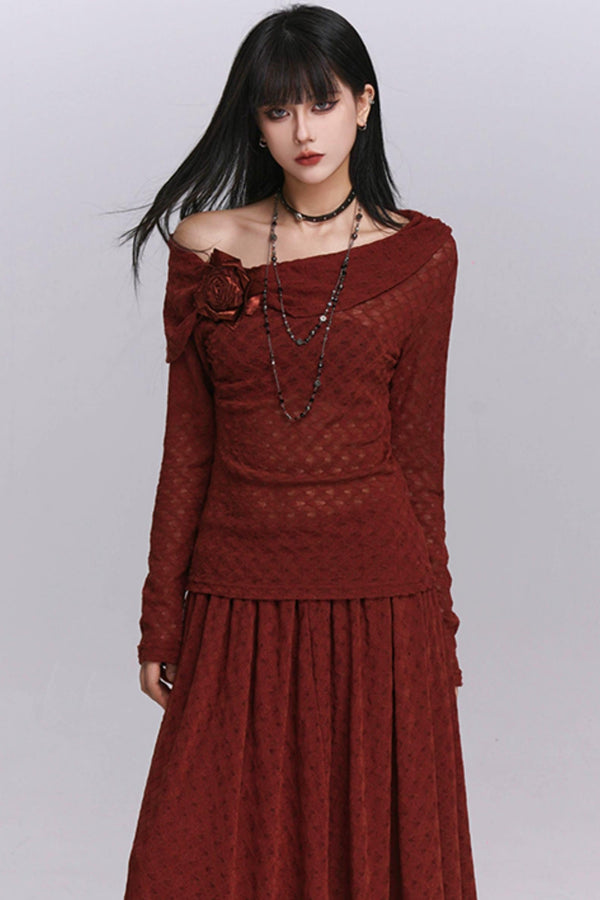 Autumn Red Shoulder Skirt Set-Up