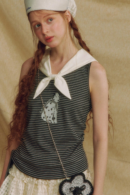 Puppy Print Bow-Striped Navy Tank Top