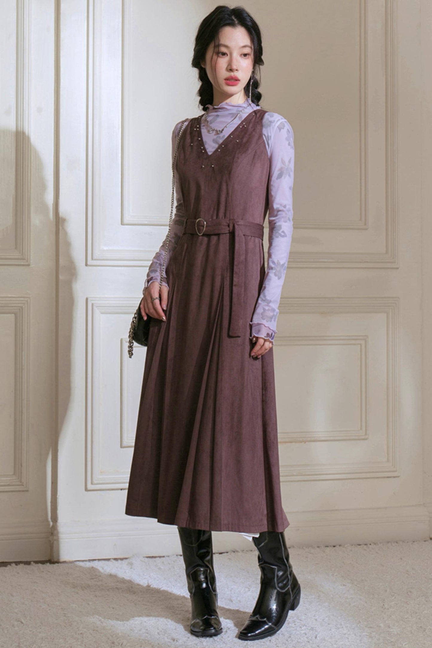 Grey Studded Deerskin Vest Dress