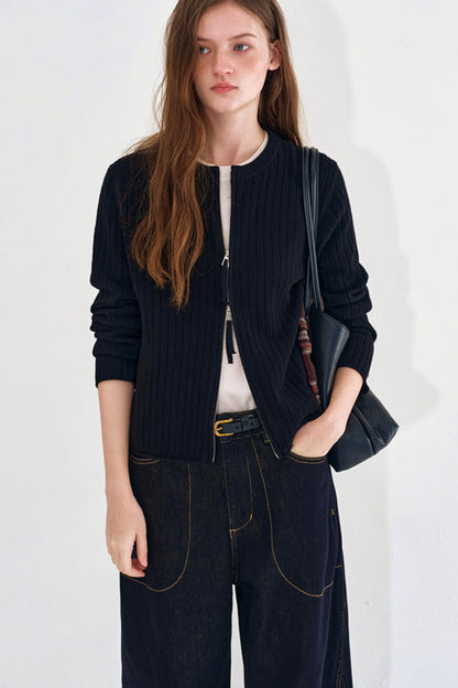Rolled Edge Double Zipper Knit Cardigan