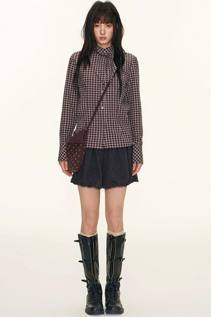 Original Plaid Embroidered Lace-Up Long Sleeve Shirt