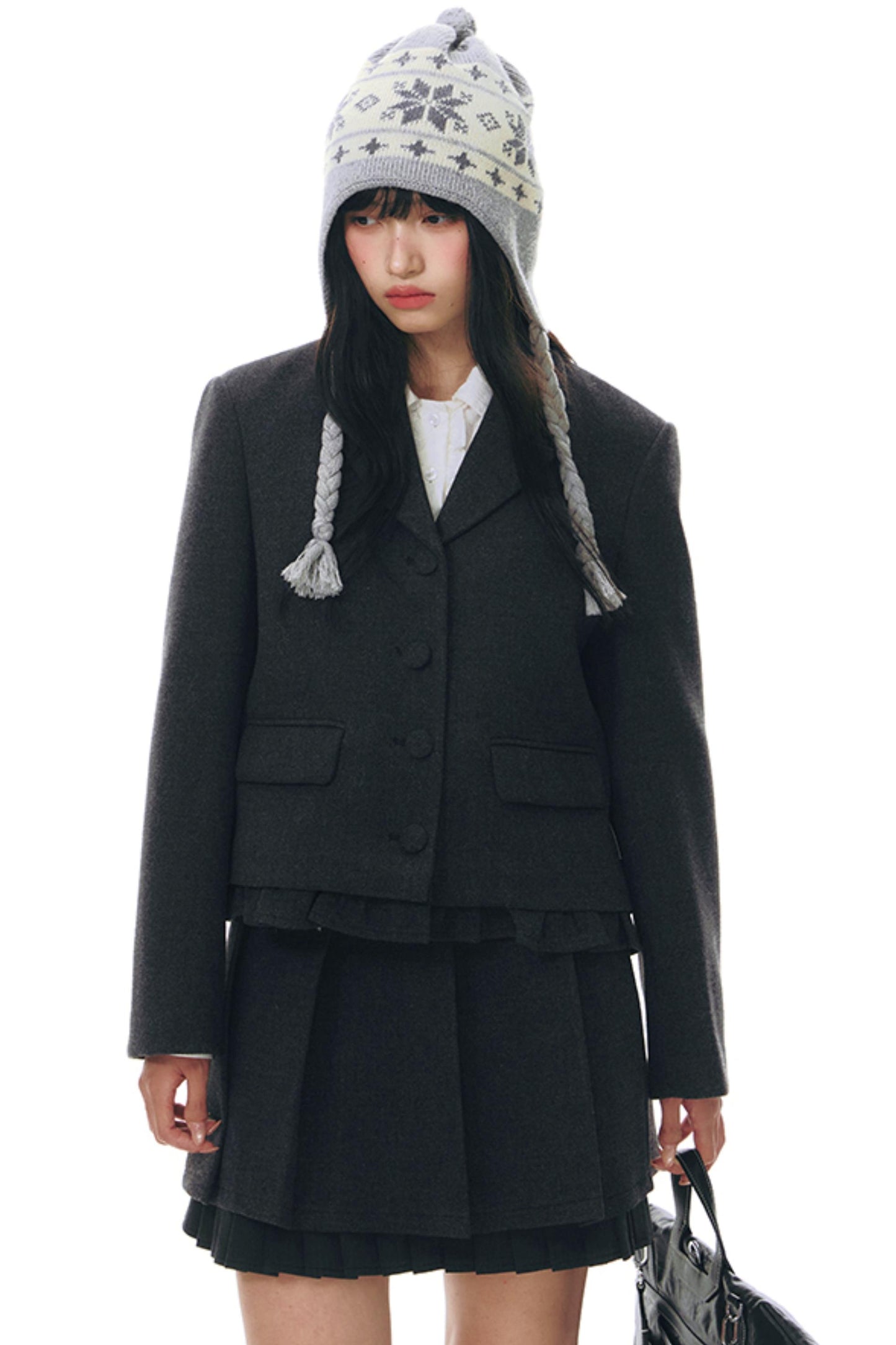 Ruffle Patchwork Woolen Pleated Skirt