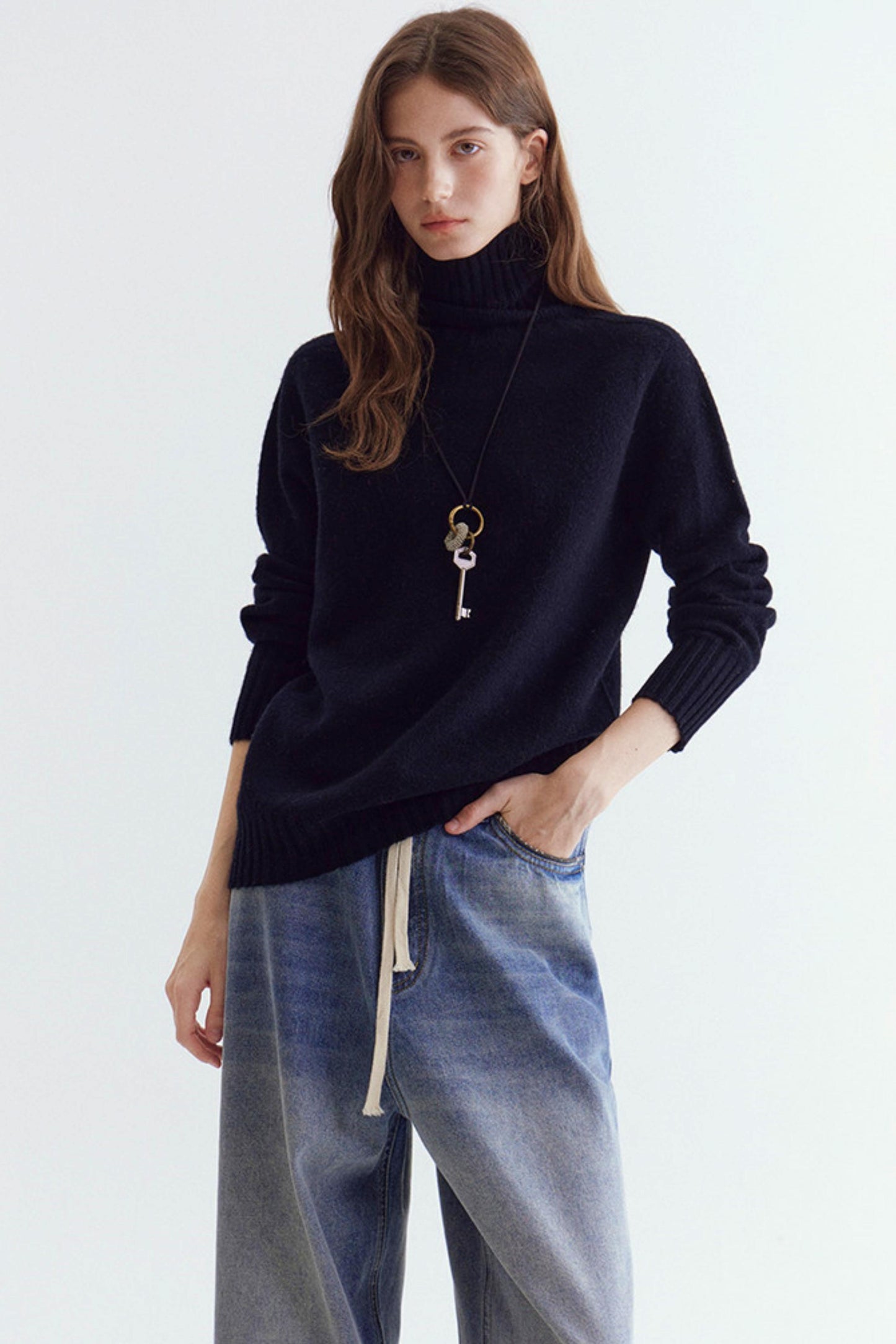 Wool Floral Yarn Turtleneck Sweater