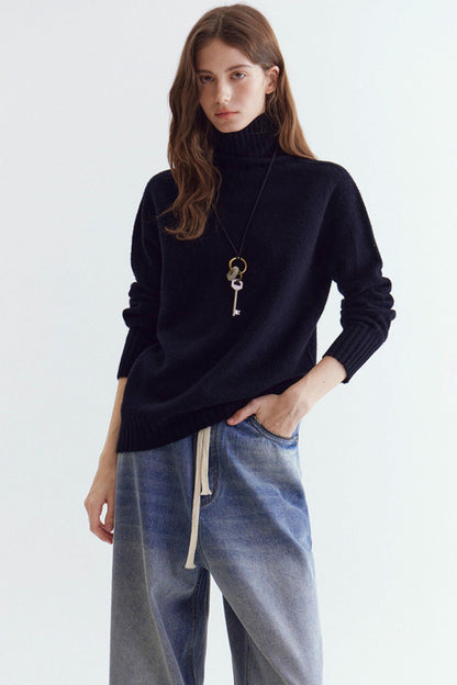 Wool Floral Yarn Turtleneck Sweater