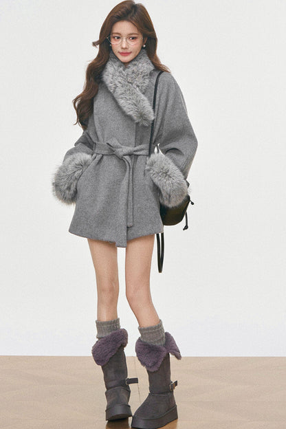 Fur Collar Lace-Up Coat Set-Up