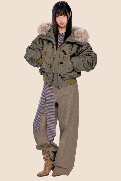 Large Fur Collar Pleated Jacket