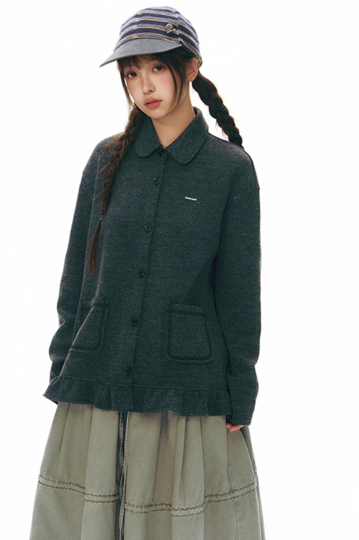 Ruffled Knitted Gray Texture Top