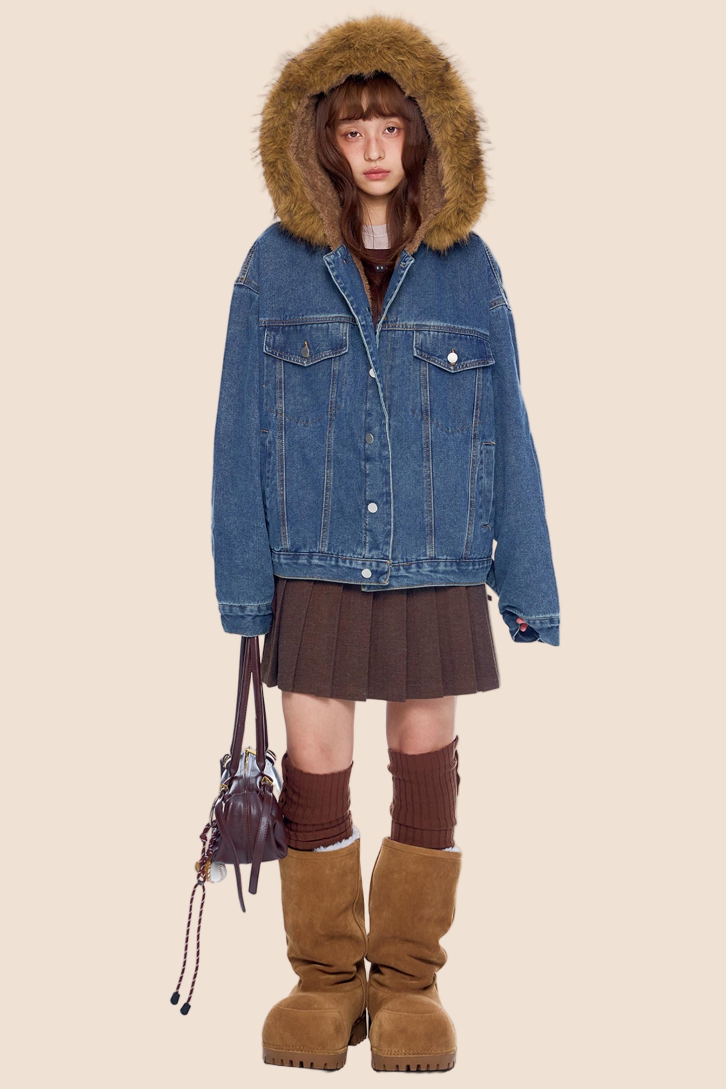 Fur Collar Hooded Denim Jacket