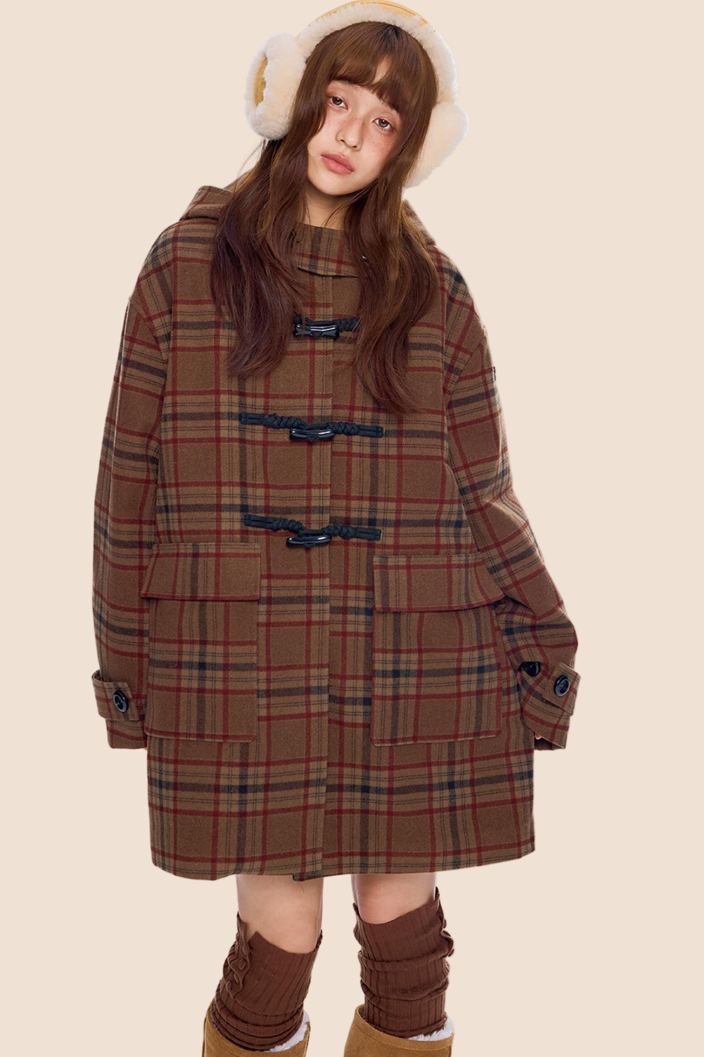 Plaid Toggle Woolen Coat