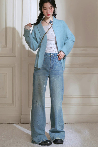 Sky Geometric Straight Jeans
