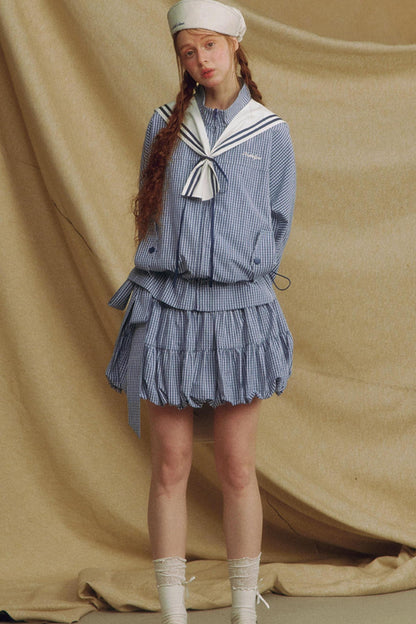 Navy Collar Plaid Jacket Set-Up