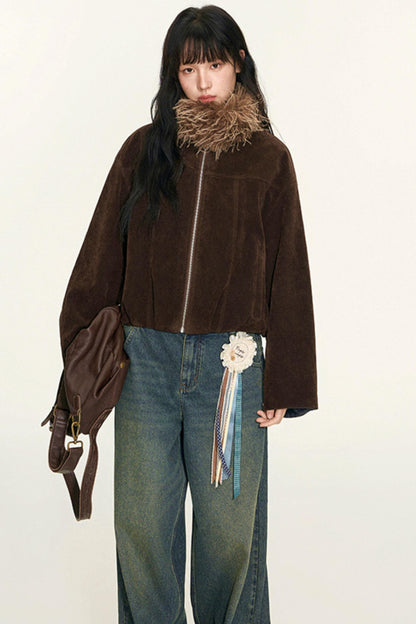 Vintage Suede Plaid Reversible Stand-Up Collar Jacket