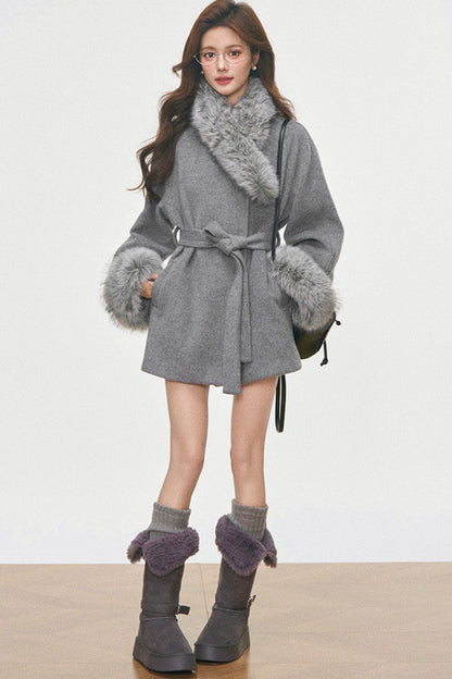 Fur Collar Lace-Up Coat Set-Up