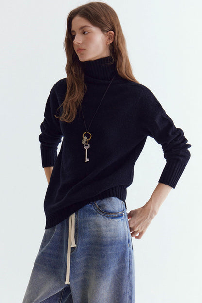 Wool Floral Yarn Turtleneck Sweater