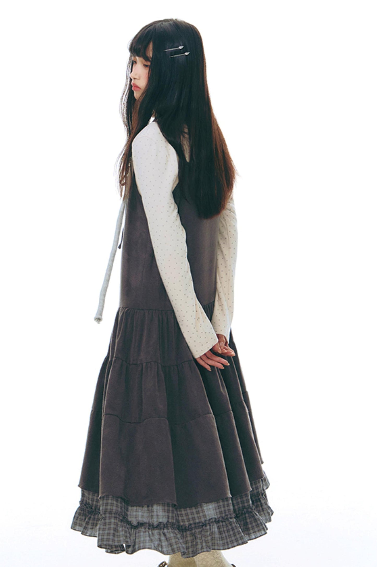 Patchwork Plaid Shirred Japanese Lace-Up Long Dress