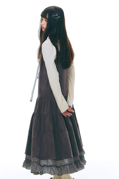 Patchwork Plaid Shirred Japanese Lace-Up Long Dress