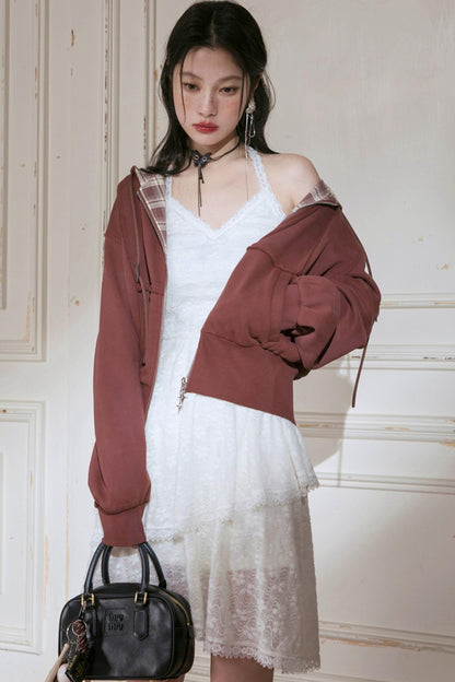 Maple Leaf Rouge À carreaux Patchwork Veste Ensemble