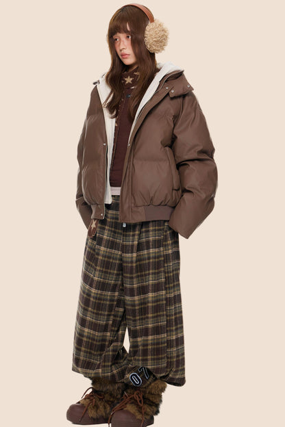 Color-Blocked Leather Hooded Jacket