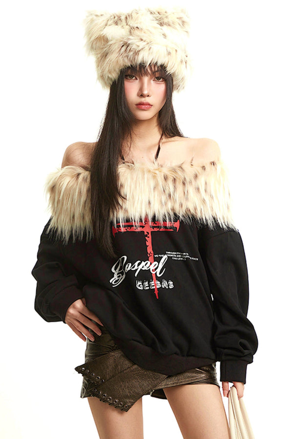 Retro Apricot Fur Collar Sweatshirt