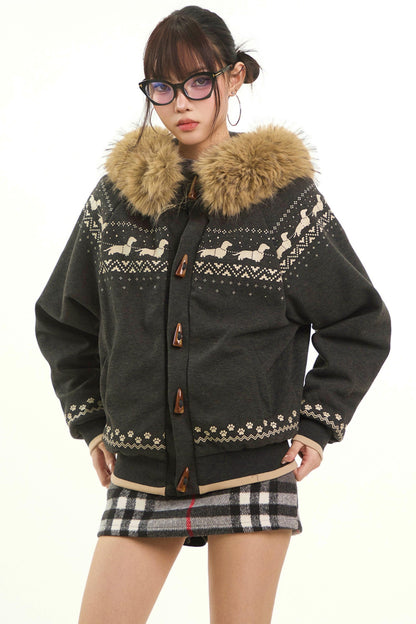 Retro Fair Isle Fur Collar Jacket