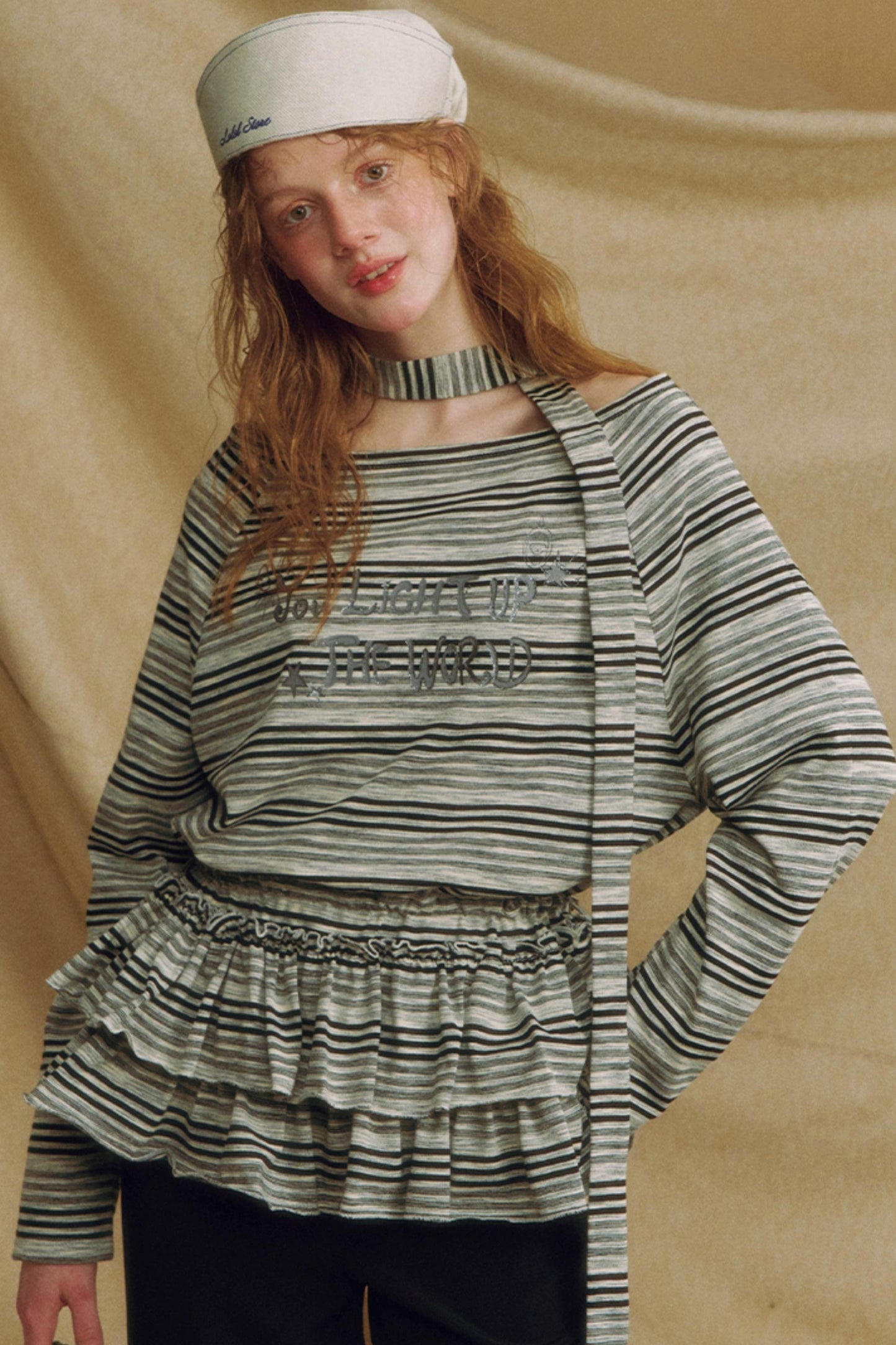 Chic One-Shoulder Striped Lace Top