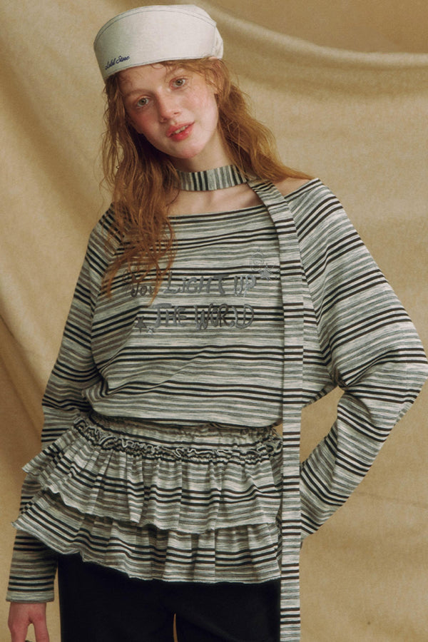 Chic One-Shoulder Striped Lace Top