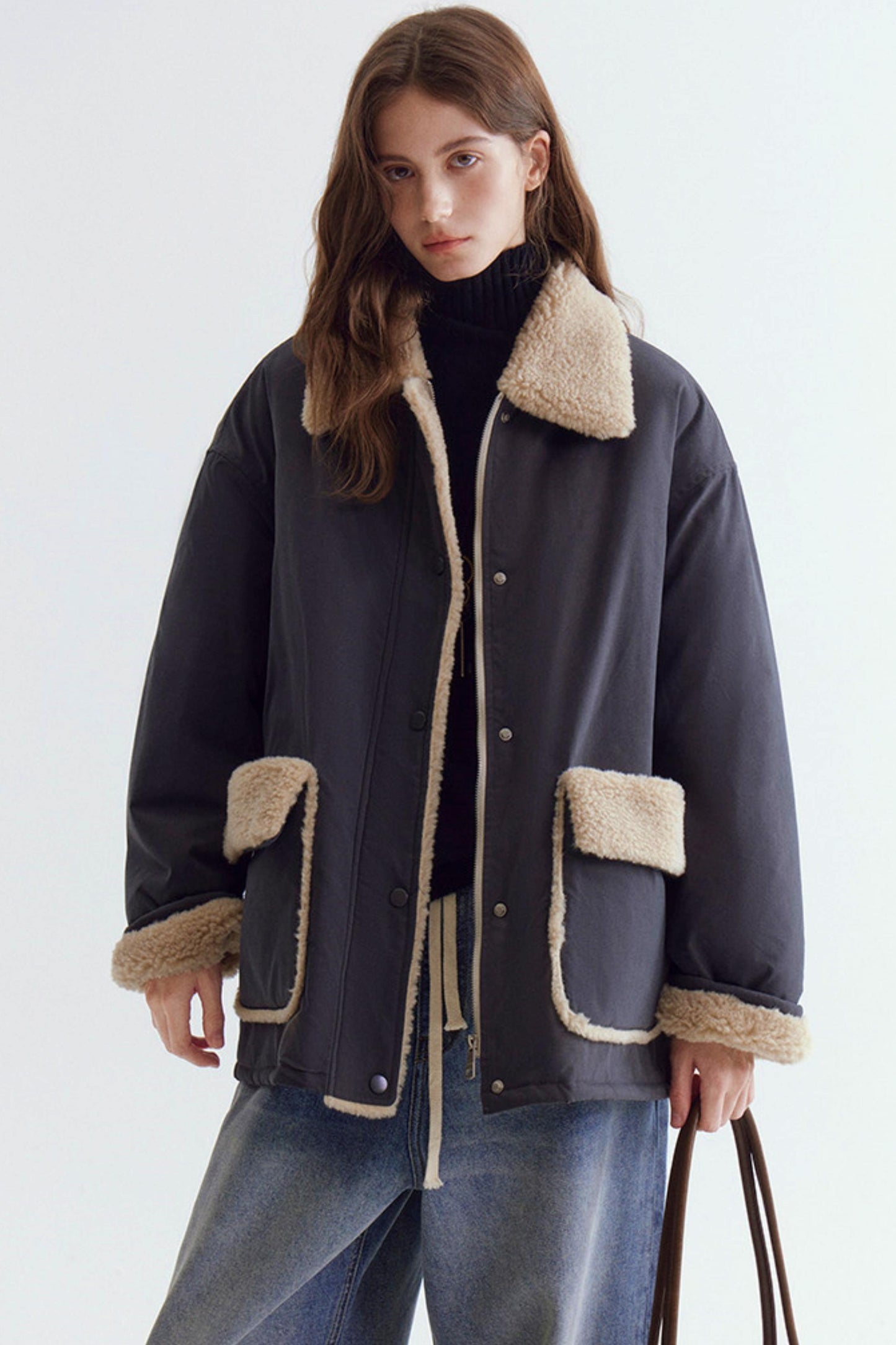 Color-Blocked Lamb Wool Coat