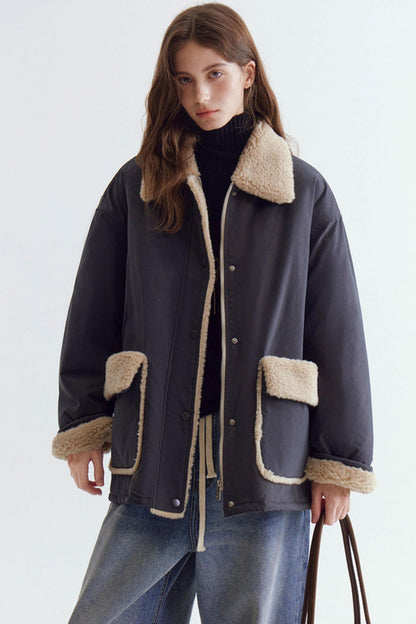 Color-Blocked Lamb Wool Coat