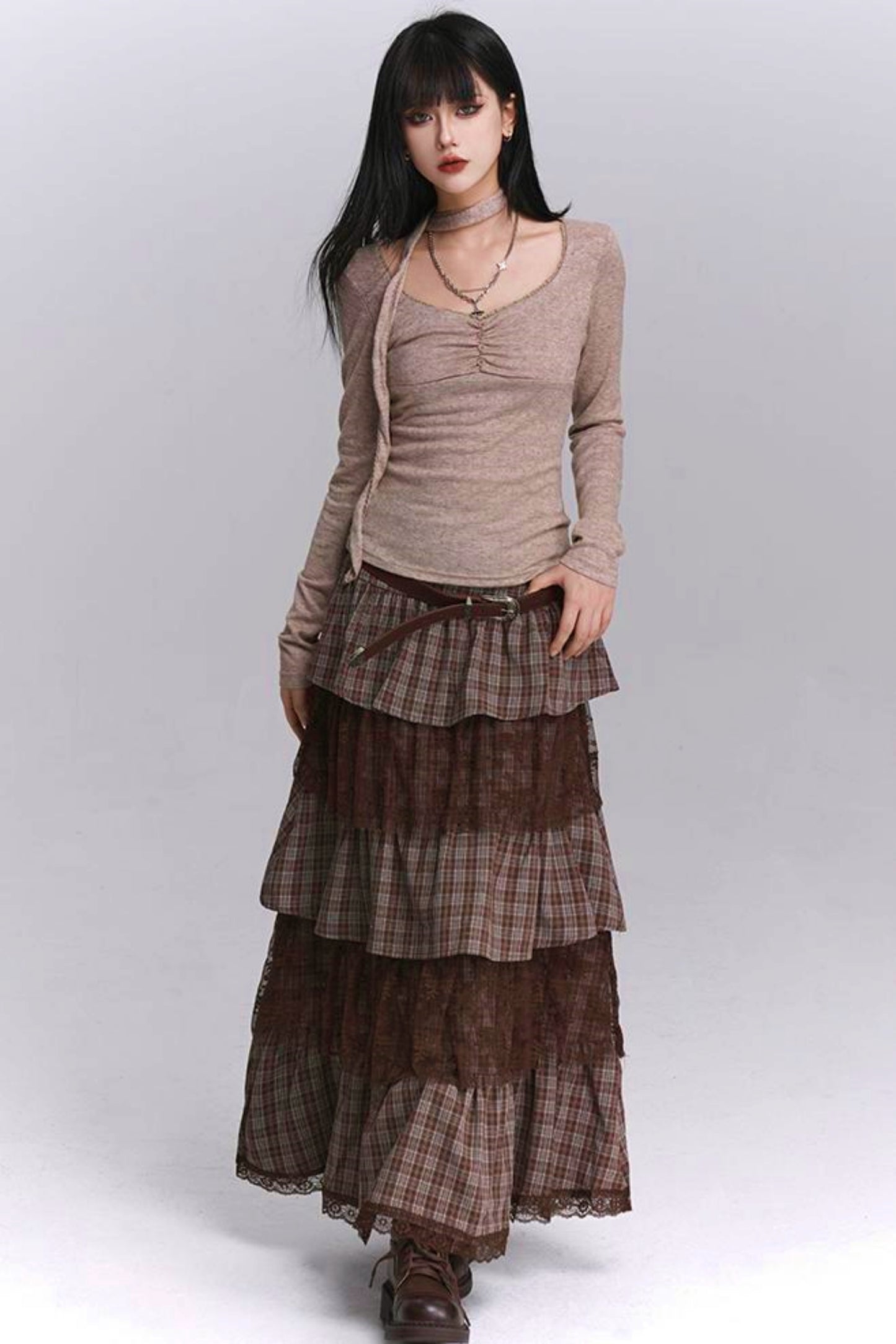 Plaid Tiered Long Skirt