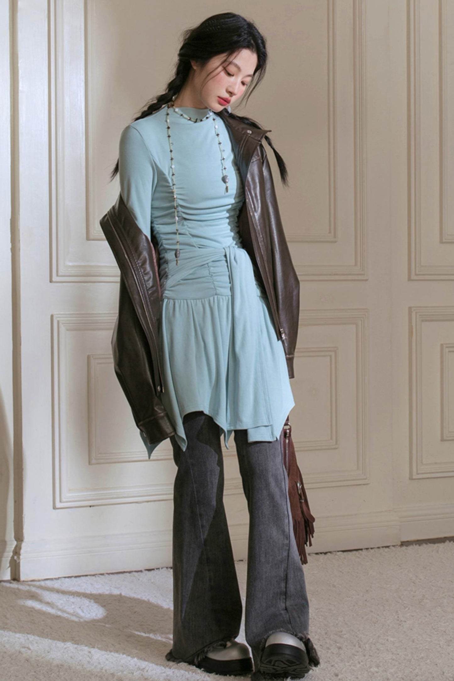 Pleated Turtleneck Dress