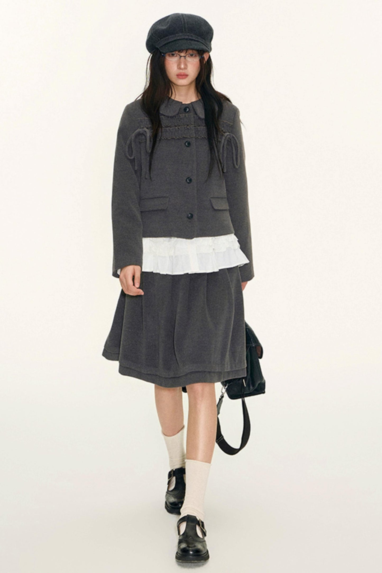 College Ruffle Woolen Suit Skirt Set-Up