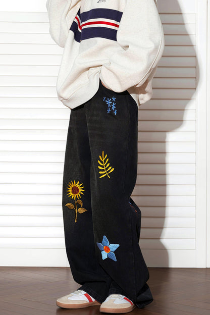 Retro Sunflower Embroidered Wide-Leg Jeans