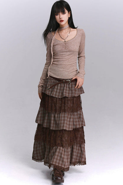Brown Plaid Cake Skirt