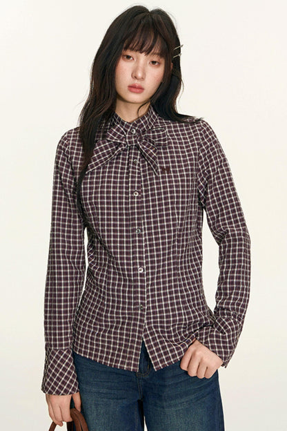 Original Plaid Embroidered Lace-Up Long Sleeve Shirt