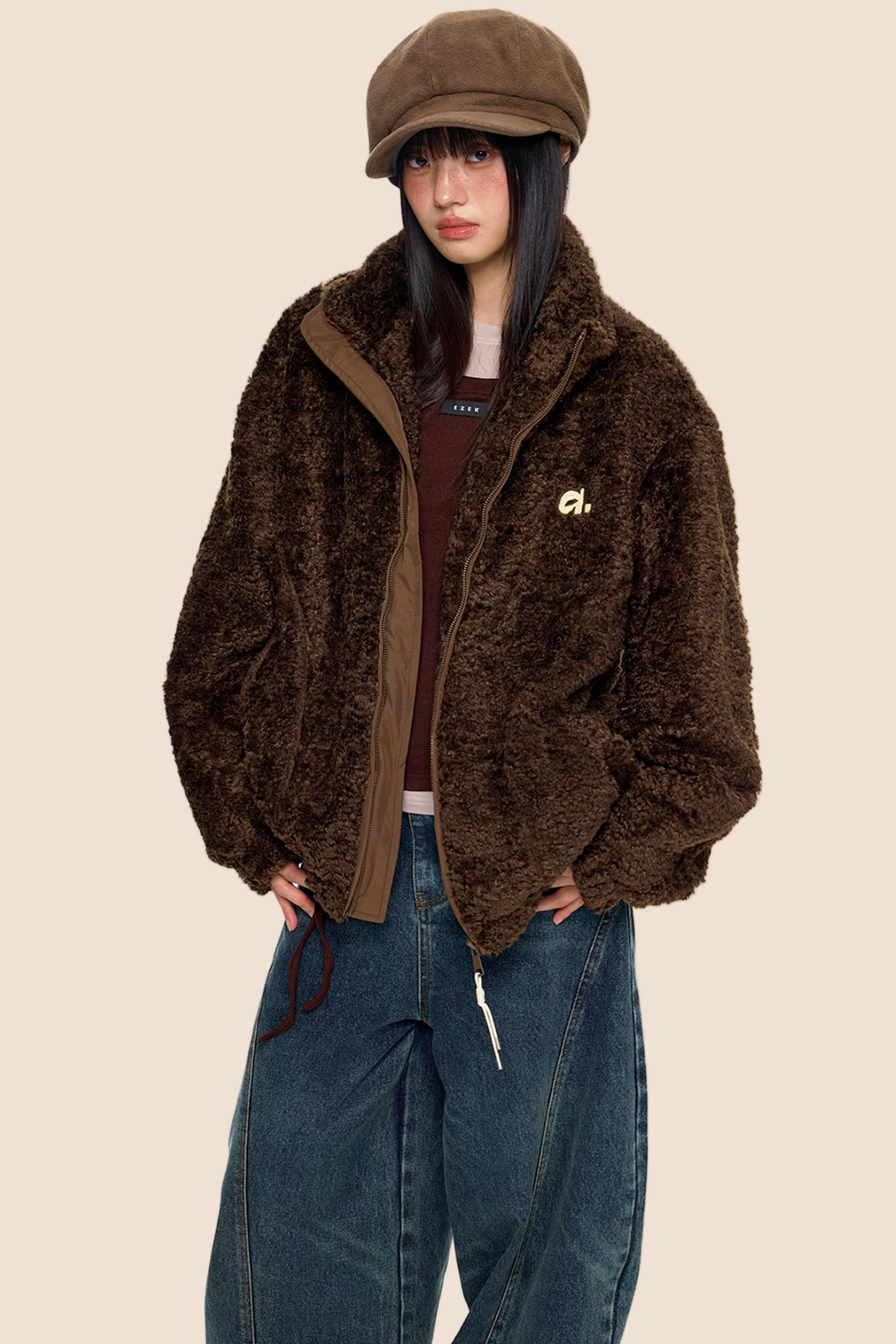 Embroidered Fleece Stand Collar Jacket