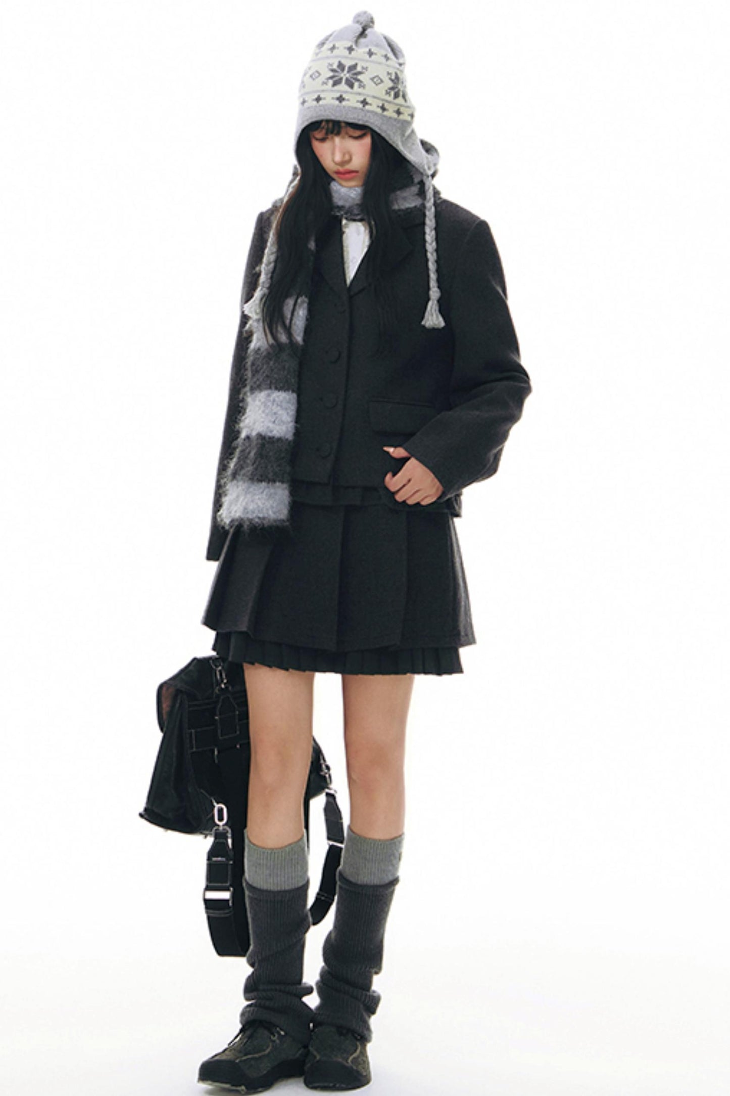 Ruffle Patchwork Woolen Pleated Skirt