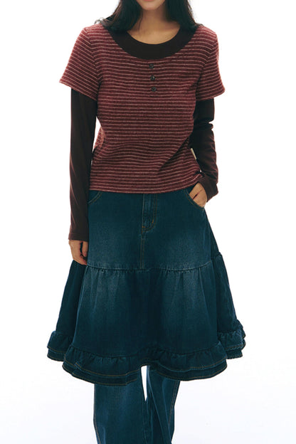 Brushed Stripe Round Neck Long Sleeve Top