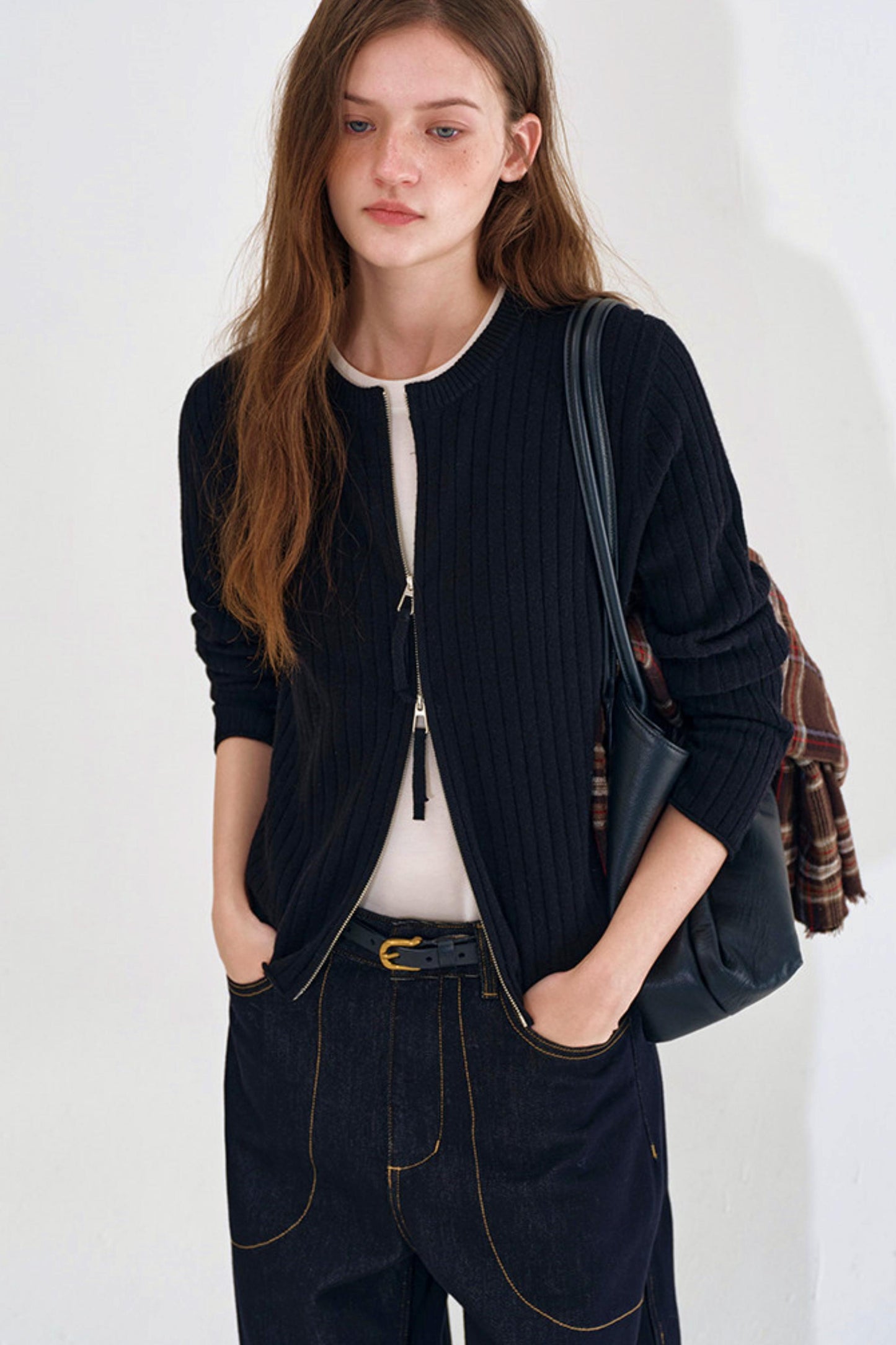 Rolled Edge Double Zipper Knit Cardigan