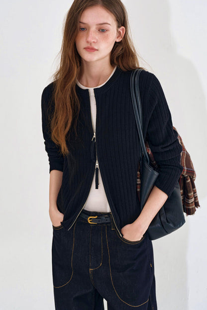 Rolled Edge Double Zipper Knit Cardigan