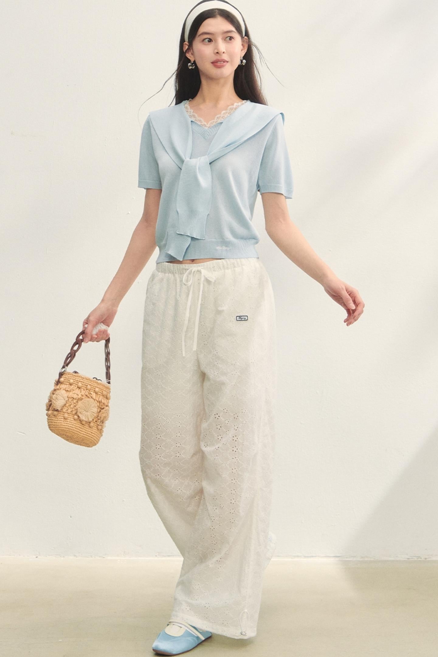 Short-Sleeved Lounge Knit Slacks Set-Up