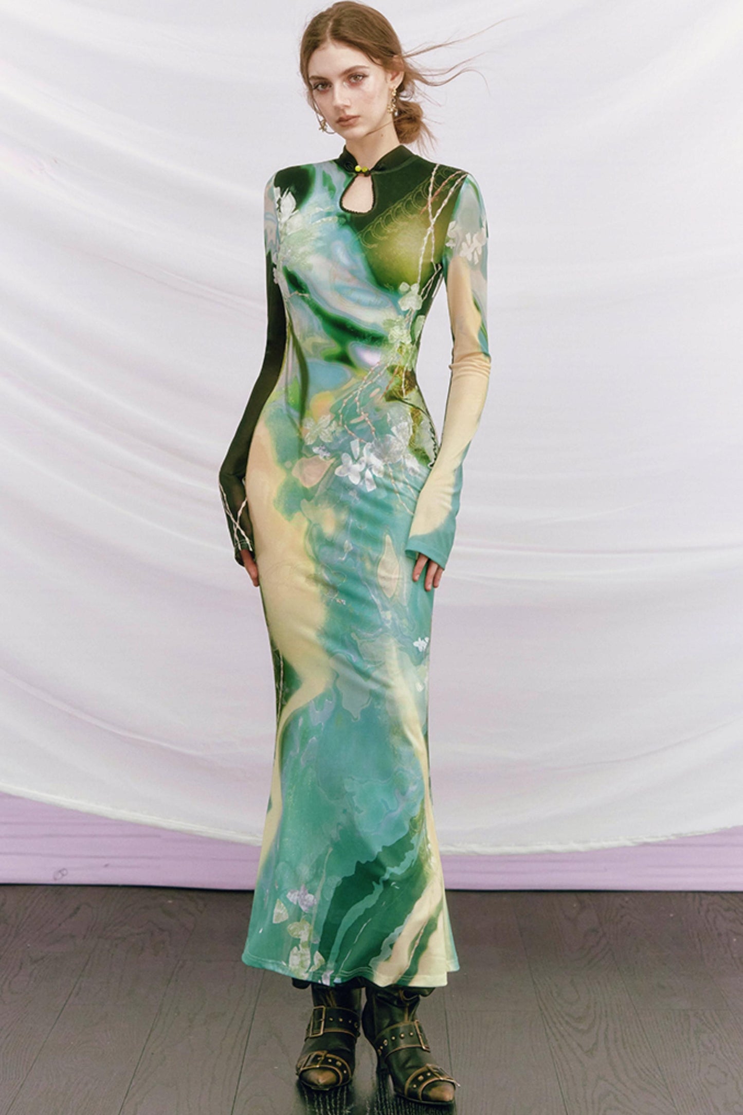 Golden Pearl Impressionist Cheongsam Dress