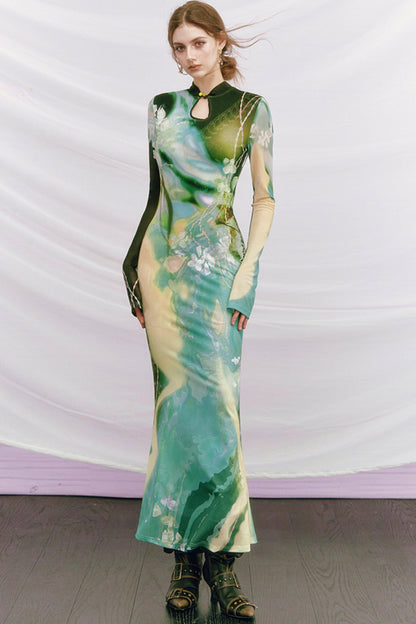 Golden Pearl Impressionist Cheongsam Dress